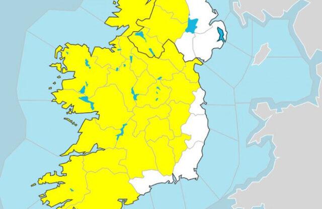 爱尔兰全国大部分地区发布了黄色降雨和雷暴警报