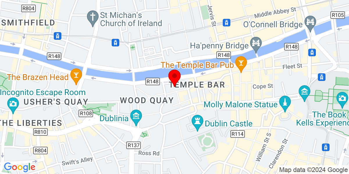 谷歌地图上的 Smock Alley 剧院，地址：1662, Exchange Street Lower, Temple Bar, Dublin 8, Ireland