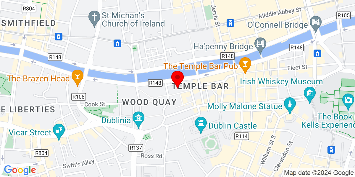 谷歌地图上的 Smock Alley 剧院，地址：1662, Exchange Street Lower, Temple Bar, Dublin 8, Ireland