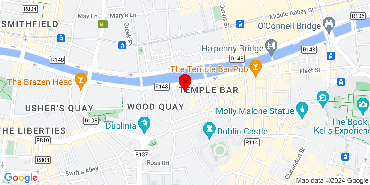 谷歌地图上的 Smock Alley 剧院，地址：1662, Exchange Street Lower, Temple Bar, Dublin 8, Ireland