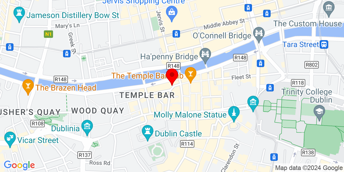 都柏林戏剧节谷歌地图，地址：Essex Street East, Temple Bar, Dublin 2, Ireland