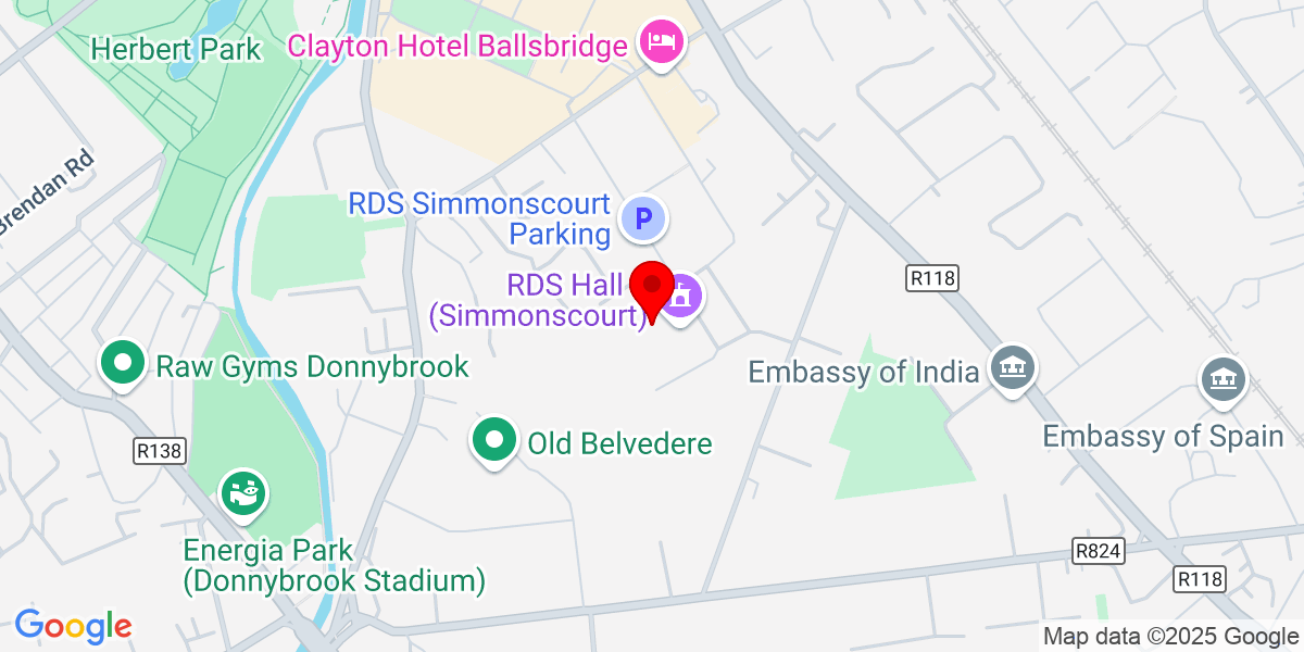 RDS Simmonscourt的Google Map，Simmonscourt Road，Ballsbridge，都柏林4，爱尔兰