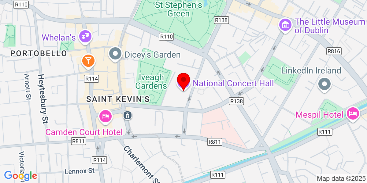 Google National音乐厅的Google Map of Earlsfort Terrace，Saint Kevin's，都柏林，爱尔兰