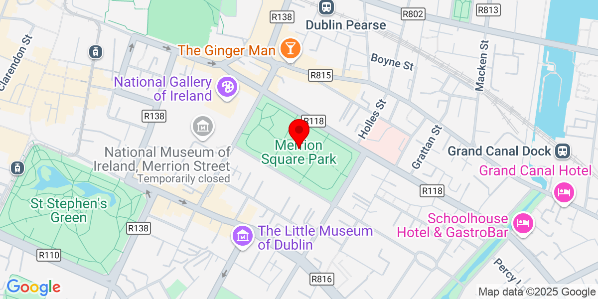 梅里恩广场公园的Google Map，Merrion Square East，都柏林，爱尔兰