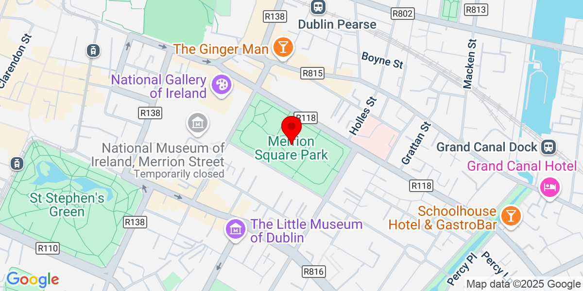 梅里恩广场公园的Google Map，Merrion Square East，都柏林，爱尔兰